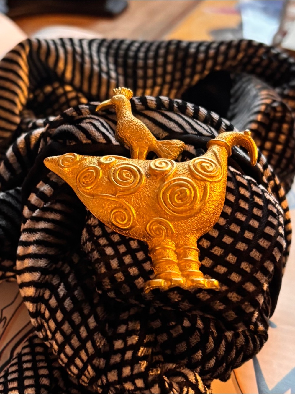 TIE RACK BROOCH, Bird on Bird—Ancient Symbols of Protection. Statement Piece.